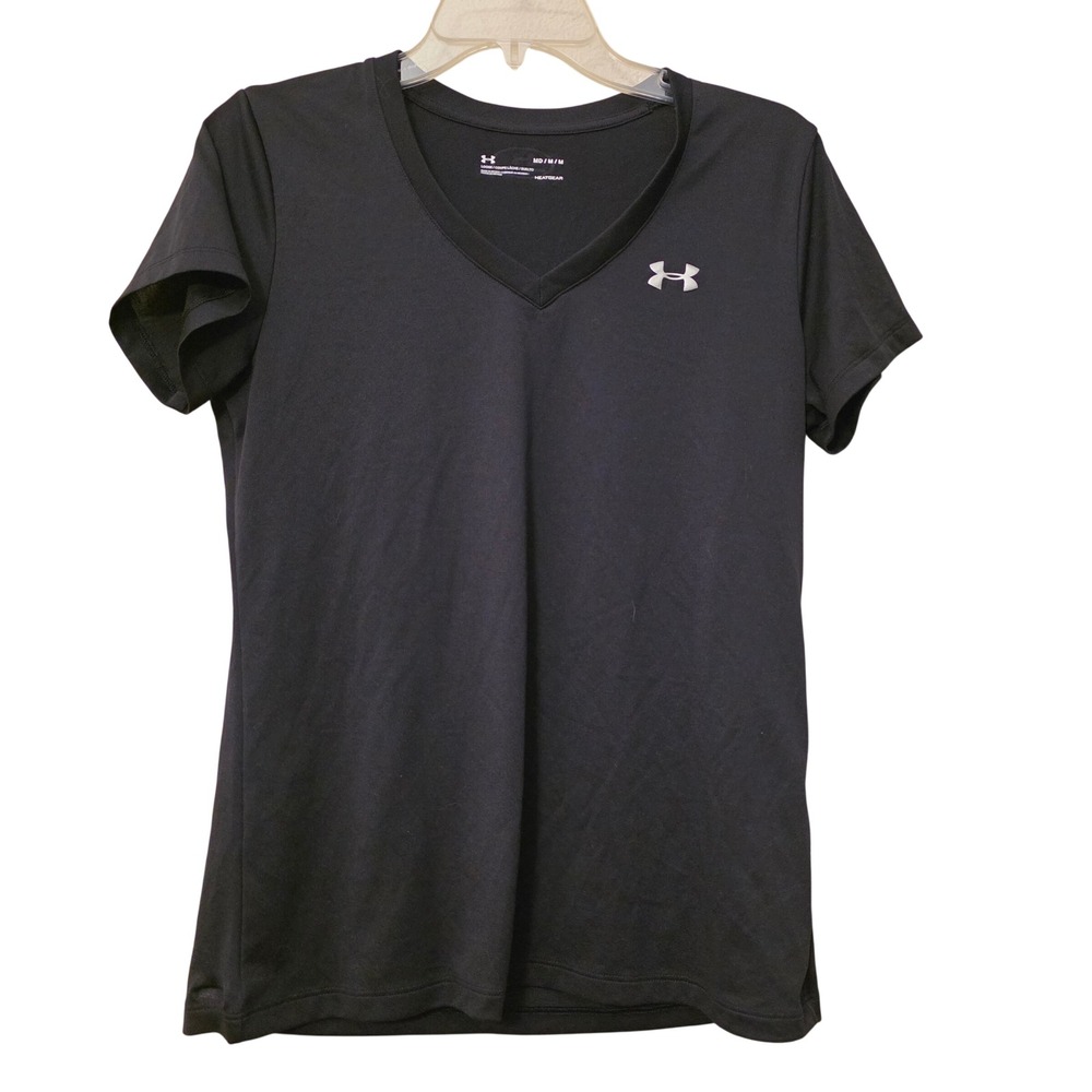 Under Armour Women Black HeatGear V-Neck Short Sleeve Training T-Shirt Size M